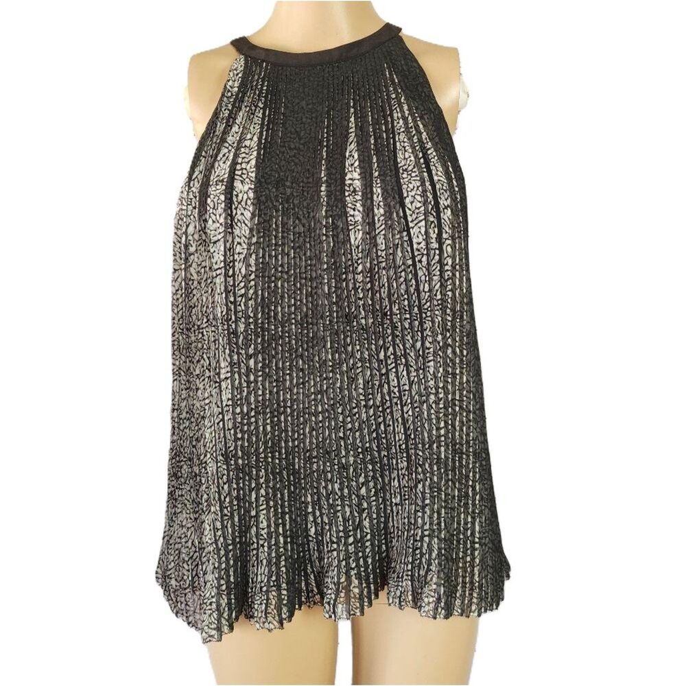 Plisse Pleated Halter Top - Small NWT - Black White Abstract Print Ecru